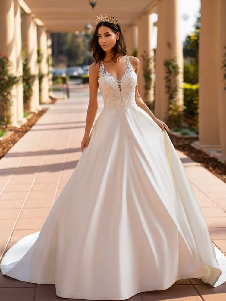 SoDigne Boho Satin A-line Wedding Dresses 2023 Sexy V Nack Lace Blackless Bride Dress Customized Sleeveless Bridal Gowns 1 SoDigne Boho Satin A-line Wedding Dresses 2023 Sexy V Nack Lace Blackless Bride Dress Customized Sleeveless Bridal Gowns