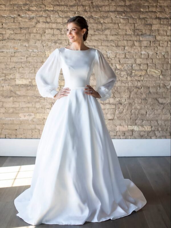 SoDigne Satin A-line Wedding Dresses Full Sleeves O-neck Bridal Dress Elegant Long Bridal Gown vestidos de novia Customized 3 SoDigne Satin A-line Wedding Dresses Full Sleeves O-neck Bridal Dress Elegant Long Bridal Gown vestidos de novia Customized - obrazek 3
