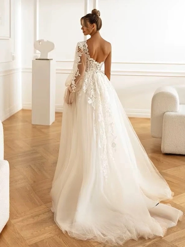 SoDigne A-line Tulle Appliques Wedding Dresses One Shloudler Split Bridal Dress Long Wedding Gown Robe De Mairee Customized 2 SoDigne A-line Tulle Appliques Wedding Dresses One Shloudler Split Bridal Dress Long Wedding Gown Robe De Mairee Customized - obrazek 2