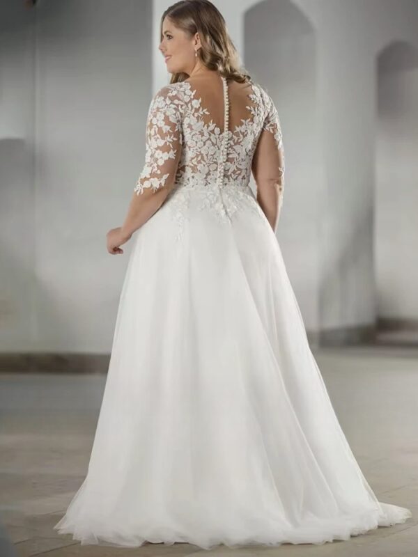 Classic Wedding Dresses Plus Size V Neck Half Sleeves Bride Gowns Tulle Lace Appliques A-Line Sweep Train Robe De PSL980010 - obrazek 2