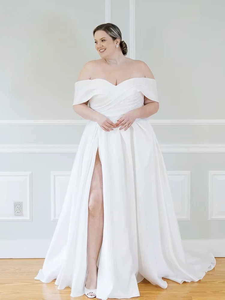 Customize Wedding Dresses Women Plus Size Off The Shoulder V-Neck Bride Gown Satin Side Split A-Line Sweep Train Robe De Mariée 1 Customize Wedding Dresses Women Plus Size Off The Shoulder V-Neck Bride Gown Satin Side Split A-Line Sweep Train Robe De Mariée