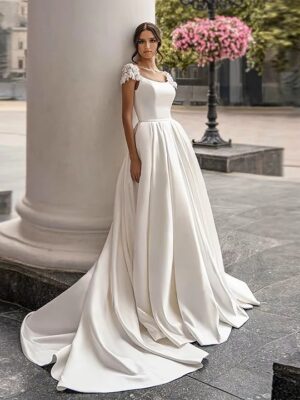 SoDigne Satin Wedding Dress For Women Elegant Cap Sleeves Scoop Neck Flowers Women A-Line Bridal Gown With Pockets Customized 5 Sfe2ec9a636a64ff587a1856373ba71c0y Cropped