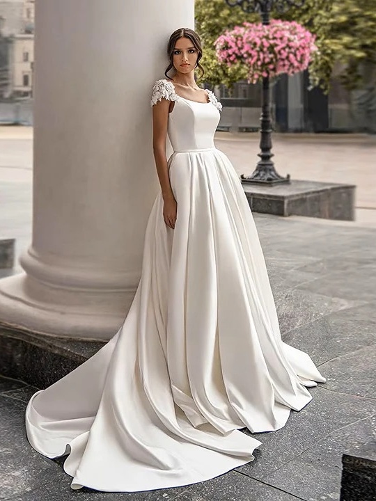 SoDigne Satin Wedding Dress For Women Elegant Cap Sleeves Scoop Neck Flowers Women A-Line Bridal Gown With Pockets Customized 3 SoDigne Satin Wedding Dress For Women Elegant Cap Sleeves Scoop Neck Flowers Women A-Line Bridal Gown With Pockets Customized - obrazek 3