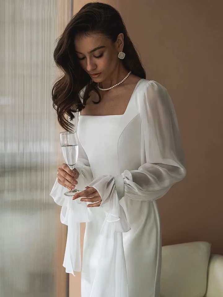 SoDigne Simple Wedding Dresses Square Neck Puff Sleeves Bodycon Satin Bride Dresses Vintage Bridal Gown Floor length Customized 4 SoDigne Simple Wedding Dresses Square Neck Puff Sleeves Bodycon Satin Bride Dresses Vintage Bridal Gown Floor length Customized - obrazek 4