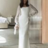 SoDigne Simple Wedding Dresses Square Neck Puff Sleeves Bodycon Satin Bride Dresses Vintage Bridal Gown Floor length Customized 6 A32fd7fad86af4ad09b8f37e2d832486dZ Cropped