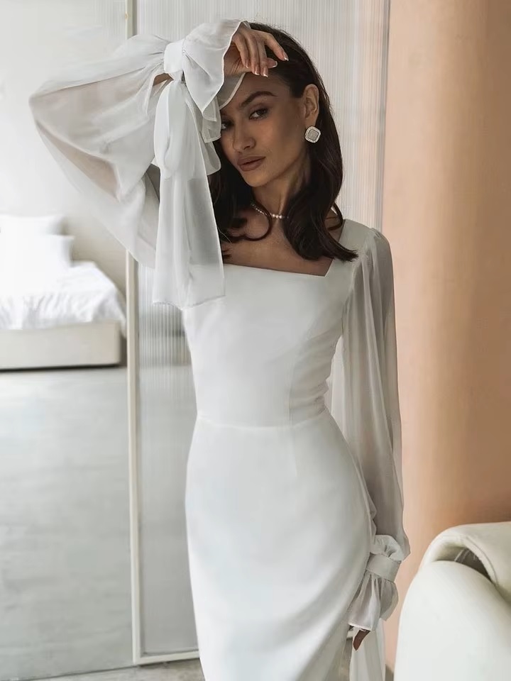 SoDigne Simple Wedding Dresses Square Neck Puff Sleeves Bodycon Satin Bride Dresses Vintage Bridal Gown Floor length Customized 3 SoDigne Simple Wedding Dresses Square Neck Puff Sleeves Bodycon Satin Bride Dresses Vintage Bridal Gown Floor length Customized - obrazek 3