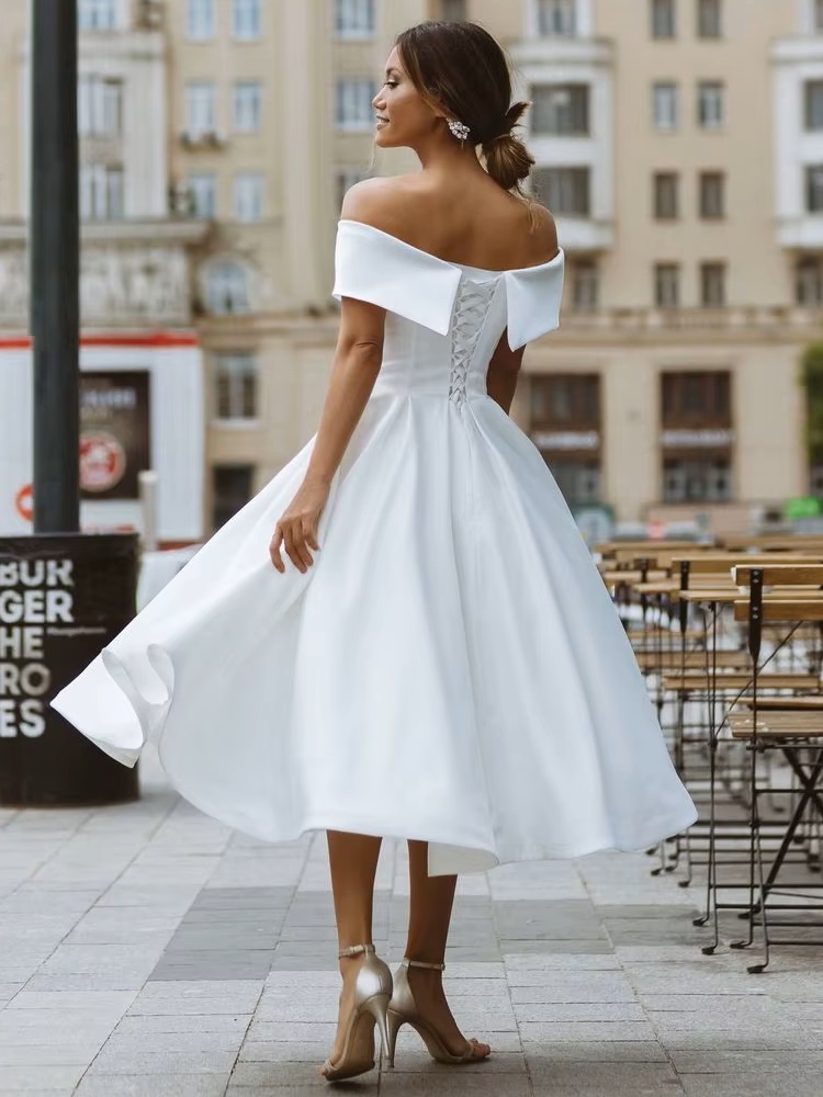 LORIE Simple Tea-length Wedding Dress Off the shoulder White Ivory Satin A-line Short Bride Gowns Beach Customized Wedding Gown 2 LORIE Simple Tea-length Wedding Dress Off the shoulder White Ivory Satin A-line Short Bride Gowns Beach Customized Wedding Gown - obrazek 2