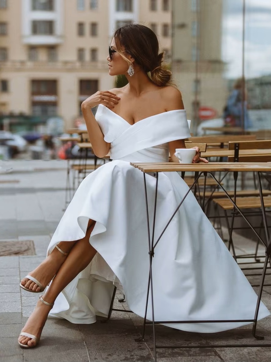 LORIE Simple Tea-length Wedding Dress Off the shoulder White Ivory Satin A-line Short Bride Gowns Beach Customized Wedding Gown 3 LORIE Simple Tea-length Wedding Dress Off the shoulder White Ivory Satin A-line Short Bride Gowns Beach Customized Wedding Gown - obrazek 3