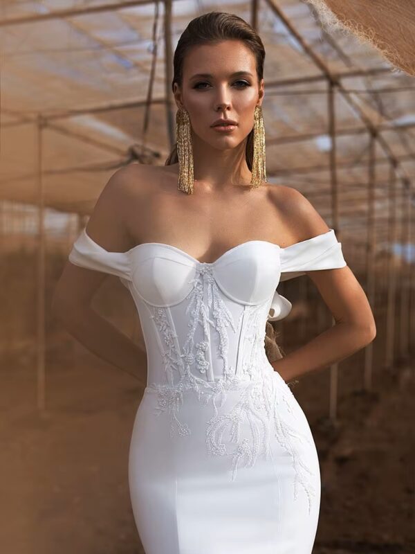 Elegant Mermaid Sweetheart Wedding Dress Women Lace Applique Off The Shoulder Crepe Bridal Gown Vestidos De Novia Customized - obrazek 4