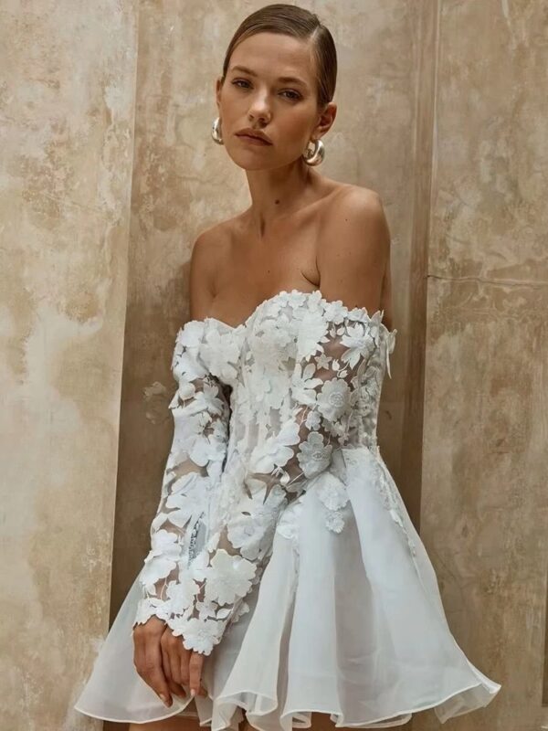 Civil Short Boho Wedding Dresses Appliques Half Sleeve sweetheart Mini Wedding Gowns For Bride Floral Print Robe 2025 Customized - obrazek 3