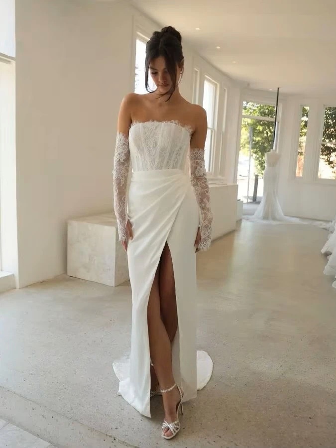SoDigne Mermaid Boho Wedding Dresses Strapless Satin/Lace Bridal Dress Split Long Beach Wedding Gown Robe De Mairee Customized 1 SoDigne Mermaid Boho Wedding Dresses Strapless Satin/Lace Bridal Dress Split Long Beach Wedding Gown Robe De Mairee Customized