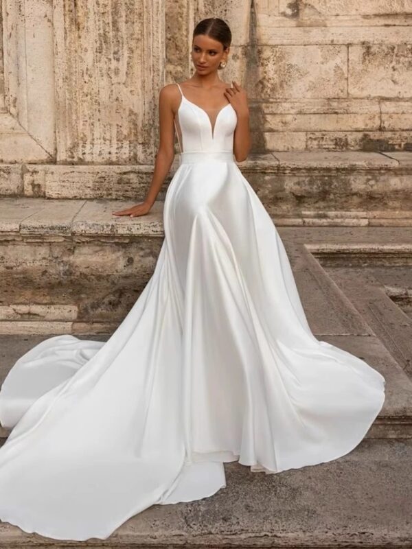 Elegant Wedding Dress For Woman Sweetheart-Neck A-Line Spaghetti Straps Open Back Bride Gown Train Vestidos De Novia Customized - obrazek 3