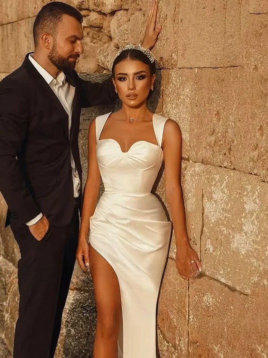 SoDigne Mermaid Satin Wedding Dress Sweetheart Sleeveless Bridal Gown Split Long Bride Dresses vestidos de novia Customized  3 SoDigne Mermaid Satin Wedding Dress Sweetheart Sleeveless Bridal Gown Split Long Bride Dresses vestidos de novia Customized  - obrazek 3