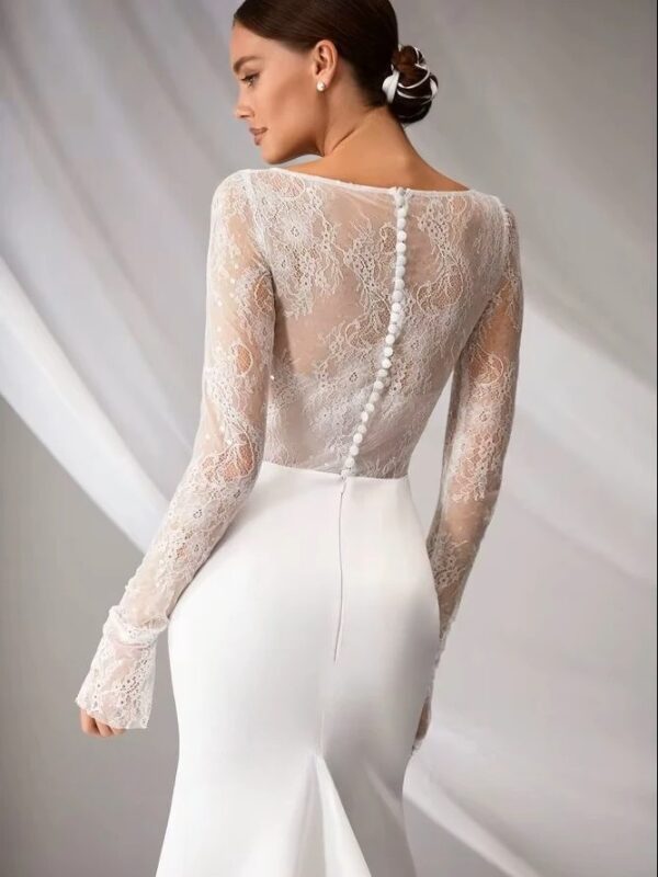 SoDigne Mermaid Elegant Wedding Dress Square Collar Full Sleeves Satin/Lace Bride Dresses Split Bridal Gown Vestido De Noiva - obrazek 3