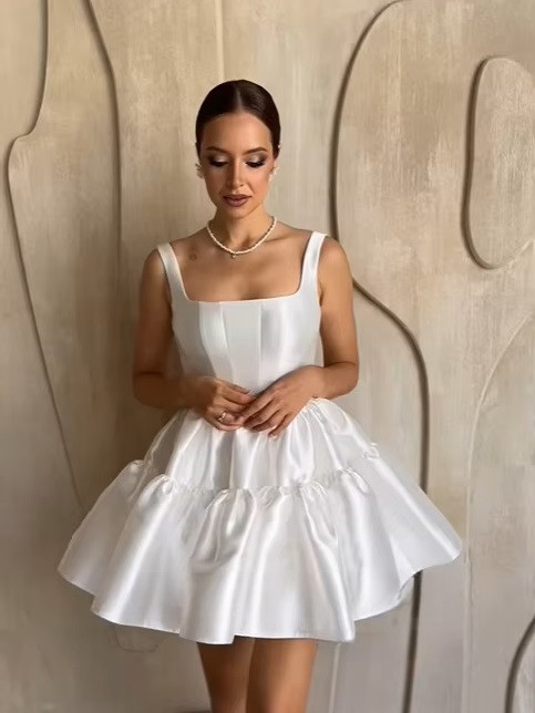 SoDigne Simple Short Wedding Dresses A-line Square Collar Bride Dress Mini Satin Bridal Gown Vestido De Noiva Customized 2 SoDigne Simple Short Wedding Dresses A-line Square Collar Bride Dress Mini Satin Bridal Gown Vestido De Noiva Customized - obrazek 2