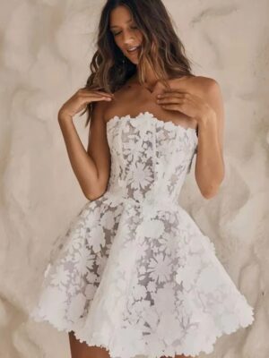 Simple Mini Short Wedding Dress Sleeveless Strapless A-Line 3D Lace Flowers Bridal Sexy Illusion Open Back Gown Customizd 2025 6 S1e90ba15a58744e4b0e054ab66f19819M Cropped