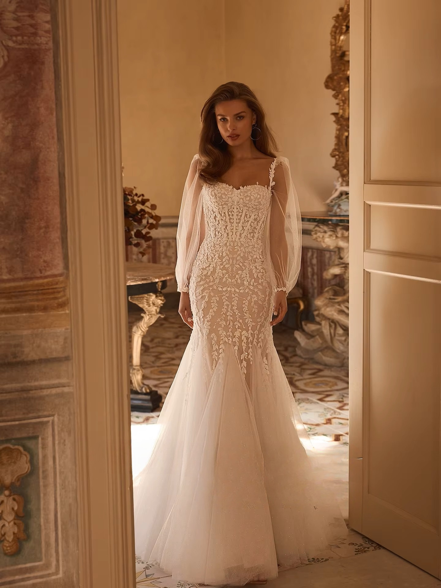 SoDigne Mermaid Tulle Appliques Bride Dresses Sweetheart Full Sleeves Wedding Dress Bridal Gowns vestidos de novia Customized 3 SoDigne Mermaid Tulle Appliques Bride Dresses Sweetheart Full Sleeves Wedding Dress Bridal Gowns vestidos de novia Customized - obrazek 3