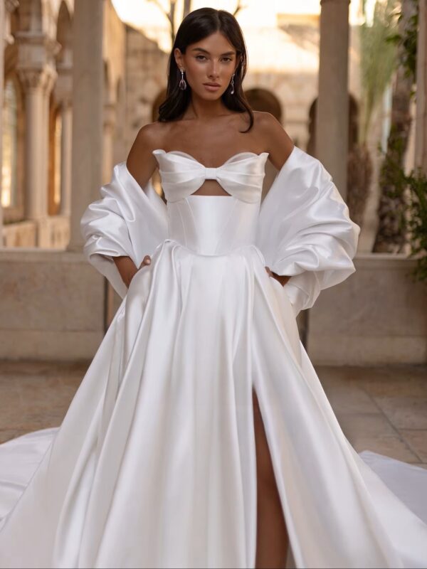 SoDigne A-line Simple Satin Wedding Dresses Sweetheart Sleeveless Bridal Dress Split Wedding Gown Robe De Mairee ﻿Customized - obrazek 3