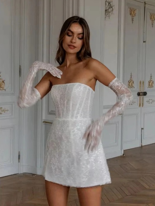 Simple A-Line Mini White Wedding Dress Sexy Strapless Formal Pleat Shiny Sequined Sleeveless Vintage Backless Short Customized 1 Simple A-Line Mini White Wedding Dress Sexy Strapless Formal Pleat Shiny Sequined Sleeveless Vintage Backless Short Customized