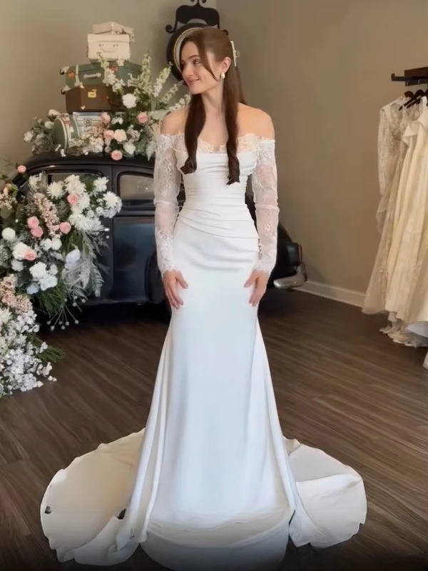 SoDigne Mermaid Satin/Lace Wedding Dresses Off Shoulder Long Sleeves Bridal Dress 2026 Bride Gown vestidos de novia Customized 3 SoDigne Mermaid Satin/Lace Wedding Dresses Off Shoulder Long Sleeves Bridal Dress 2026 Bride Gown vestidos de novia Customized - obrazek 3