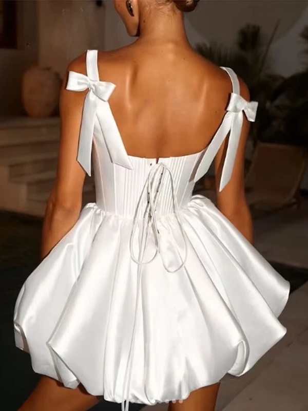 Simple Square Collar Satin Mini Wedding Dress Spaghetti Straps Ball Gowns 2025 Pleat Bow Backless Lace Up Short Gowns Customized 2 Simple Square Collar Satin Mini Wedding Dress Spaghetti Straps Ball Gowns 2025 Pleat Bow Backless Lace Up Short Gowns Customized - obrazek 2