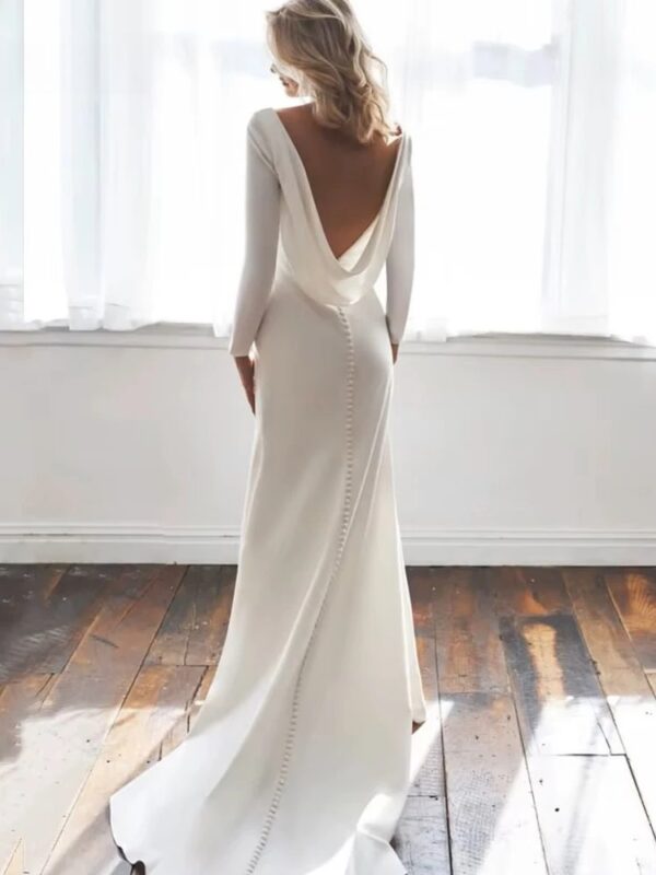 Long Sleeves Mermaid Back Cowl Wedding Dresses O-neck Beach Backless Bridal Party Gown Vestido De Novia Sweep Train Customized - obrazek 4