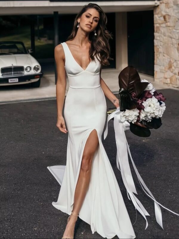 SoDigne Satin Simple Mermaid Wedding Dresses V-neck Sleeveless Elegant Bridal Dress Split Long Bride Gown vestidos de novia - obrazek 3