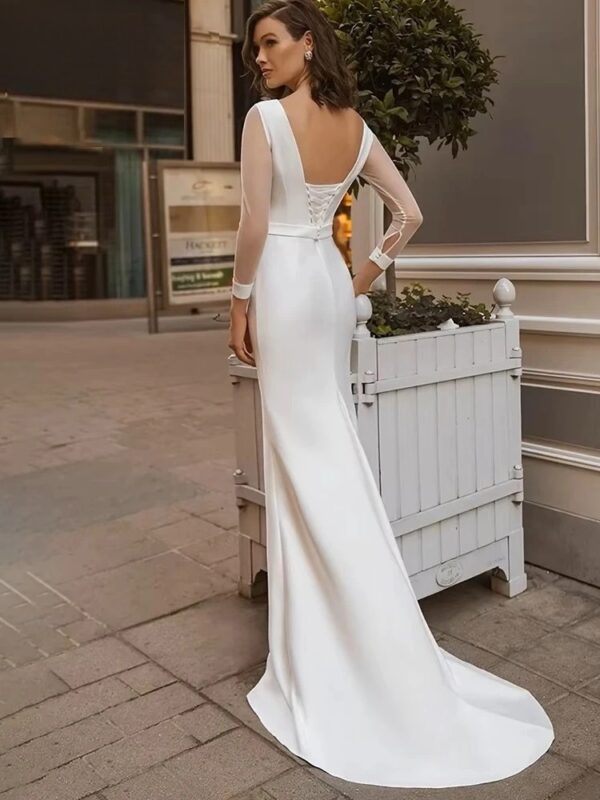 Elegant Long Sleeve Wedding Dress 2025 Mermaid Open Back Satin Backless O-Neck Bridal Gown  Lace Up Vestido De Novia Customized - obrazek 2