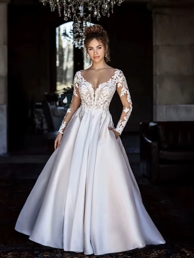 SoDigne Backless Boho Wedding Dresses With Pockets Long Sleeves V Neck Lace Bridal Dress Satin Bride Gowns Customized 1 SoDigne Backless Boho Wedding Dresses With Pockets Long Sleeves V Neck Lace Bridal Dress Satin Bride Gowns Customized