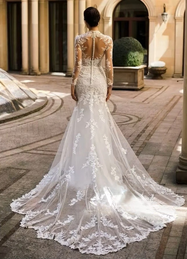 SoDigne Mermaid Lace Appliques Wedding Dresses Tulle Full Sleeves Bridal Dress Long Bride Gown vestidos de novia Customized 2 SoDigne Mermaid Lace Appliques Wedding Dresses Tulle Full Sleeves Bridal Dress Long Bride Gown vestidos de novia Customized - obrazek 2