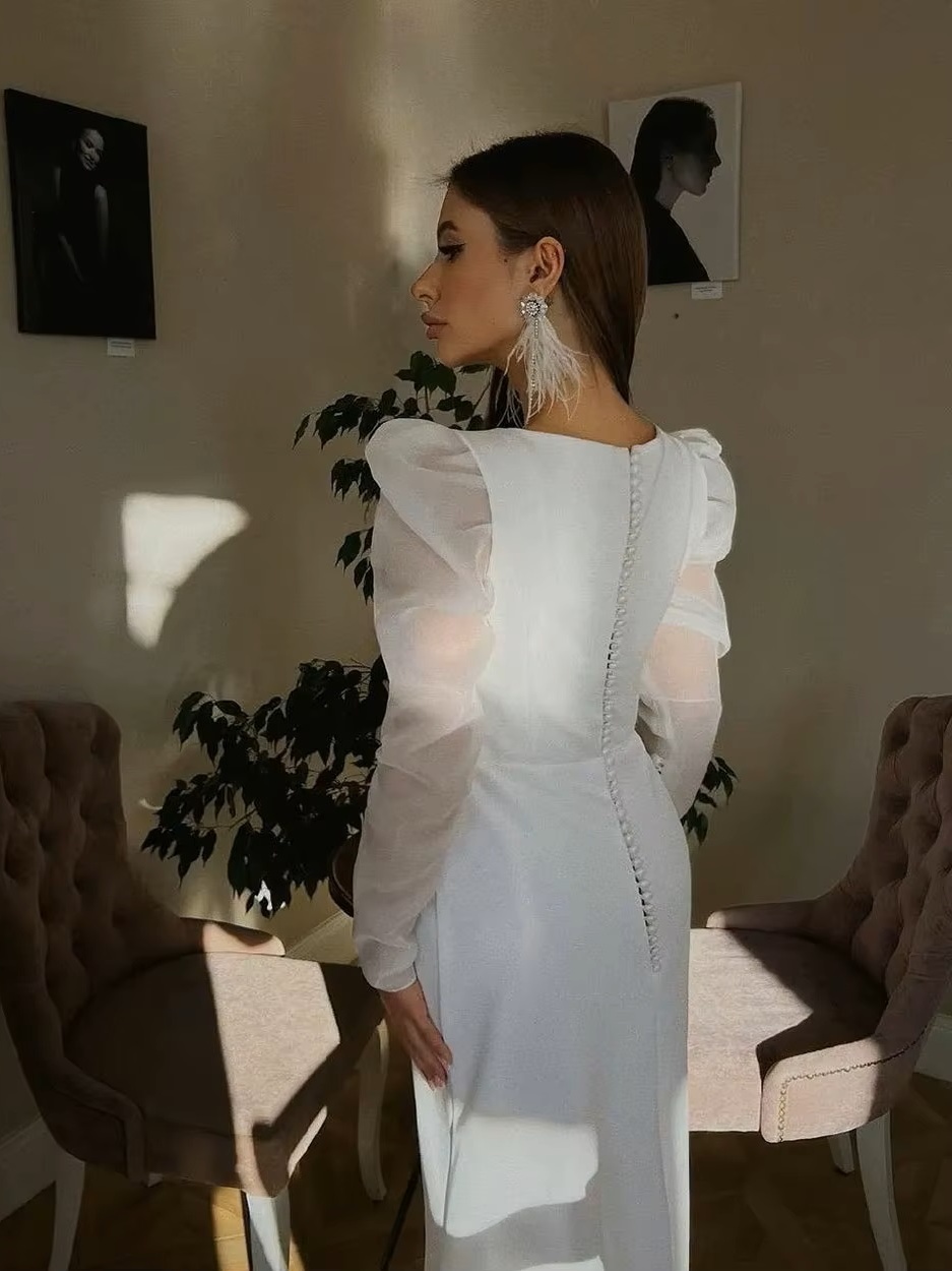 SoDigne Classic Satin Wedding Dresses Mermaid Puff Sleeves Square Neck Bridal Gown With Button Wedding Party Dress 4 SoDigne Classic Satin Wedding Dresses Mermaid Puff Sleeves Square Neck Bridal Gown With Button Wedding Party Dress - obrazek 4