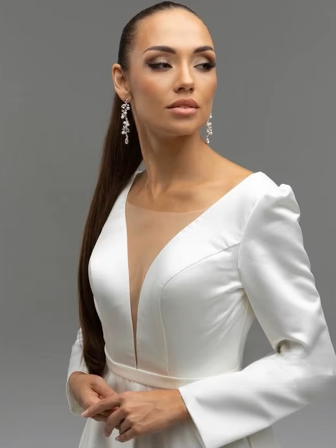 SoDigne A-line Satin Wedding Dresses V-neck Full Sleeves Bride Dress Elegant Long Wedding Gown vestidos de novia Customized 2 SoDigne A-line Satin Wedding Dresses V-neck Full Sleeves Bride Dress Elegant Long Wedding Gown vestidos de novia Customized - obrazek 2