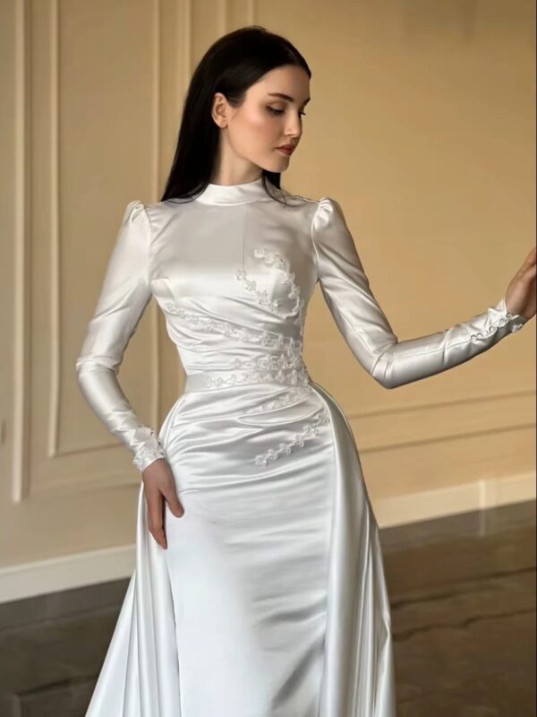 SoDigne Mermaid Satin Wedding Dresses High Neck Full Sleeves Bridal Dress Detachable Train Bride Gown Robe De Mairee ﻿Customized - obrazek 2