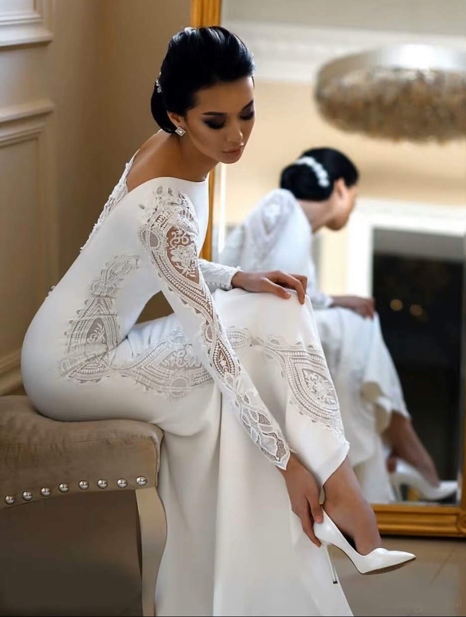 SoDigne Muslim Mermaid Satin Lace Wedding Dresses For Women 2023 Long Sleeves Arabic Bridal Dress Elegant Bride Gown Customized 3 SoDigne Muslim Mermaid Satin Lace Wedding Dresses For Women 2023 Long Sleeves Arabic Bridal Dress Elegant Bride Gown Customized - obrazek 3