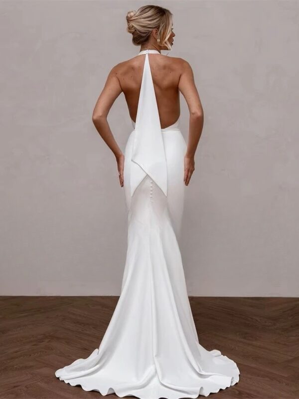 Elegant Mermaid Wedding Dress V-Neck Halter Open Back Simple Buttons Pleat Bridal Gown Sweep Train Vestidos De Noiva Customized - obrazek 2