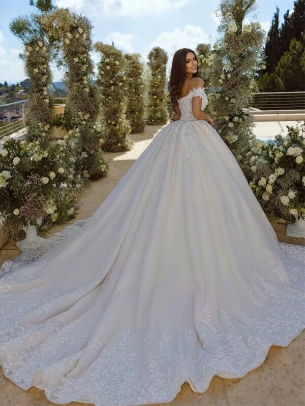 LORIE Vintage Glitter Lace Wedding Dresses Off Shoulder Applique A-Line VNeck Bridal Gown Backless Princess BrideGown Customized - obrazek 2