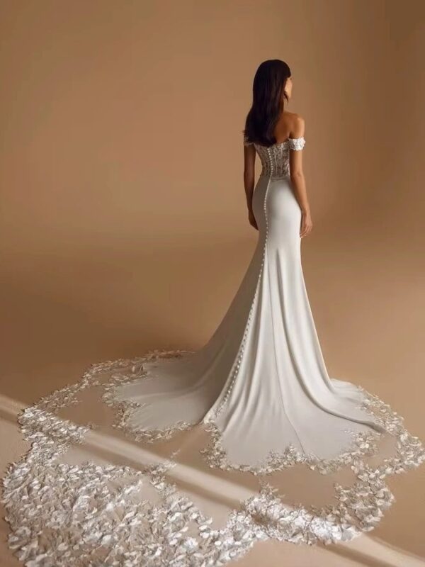 SoDigne Mermaid Off Shoulder Wedding Dresses Full Sleeves Lace Appliques Bridal Dress Soft Satin Bride Gown vestidos de novia ﻿ - obrazek 2