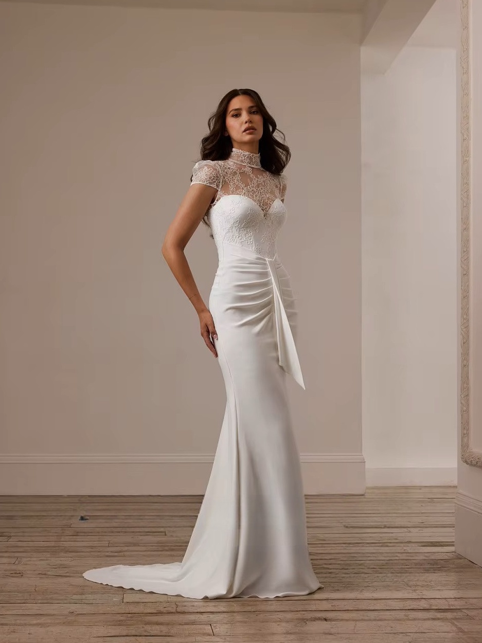 SoDigne Mermaid Lace/Satin Bride Dresses High Neck Short Sleeves Wedding Dress Long Bridal Gowns vestidos de novia Customized 1 SoDigne Mermaid Lace/Satin  Bride Dresses High Neck Short Sleeves Wedding Dress Long Bridal Gowns vestidos de novia Customized