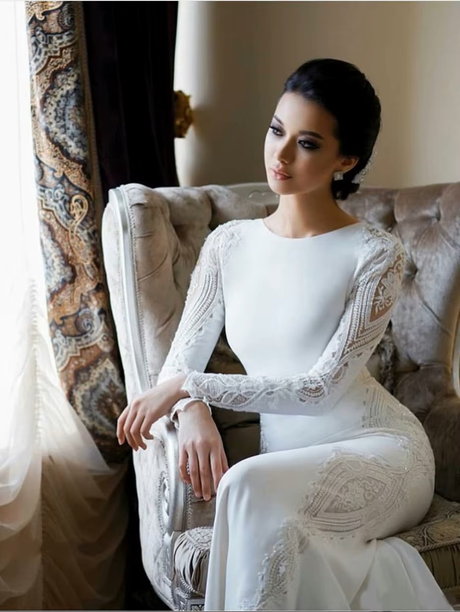 SoDigne Muslim Mermaid Satin Lace Wedding Dresses For Women 2023 Long Sleeves Arabic Bridal Dress Elegant Bride Gown Customized 2 SoDigne Muslim Mermaid Satin Lace Wedding Dresses For Women 2023 Long Sleeves Arabic Bridal Dress Elegant Bride Gown Customized - obrazek 2