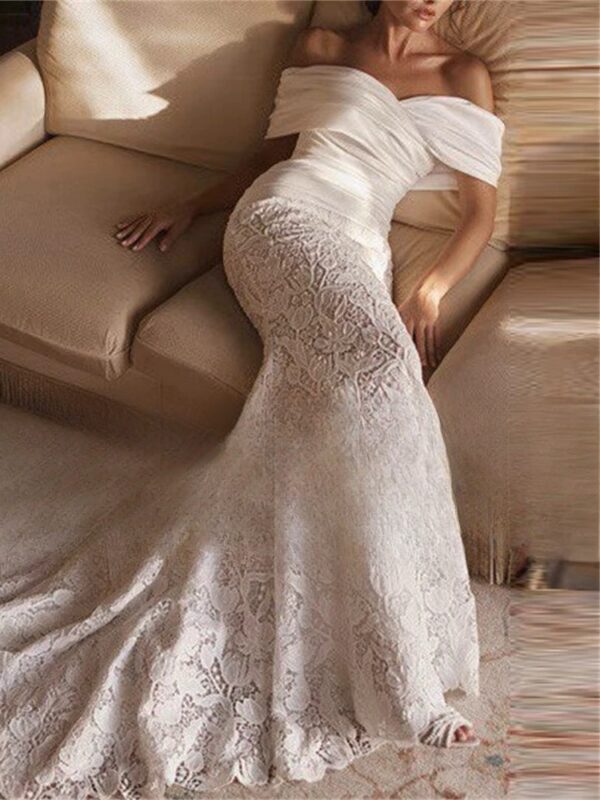 BIGDAY Luxury Lace Mermaid Wedding Dress Women Off The Shoulder Pleat Open Back V-Neck Bridal Gown Vestido De Noiva Customized - obrazek 3