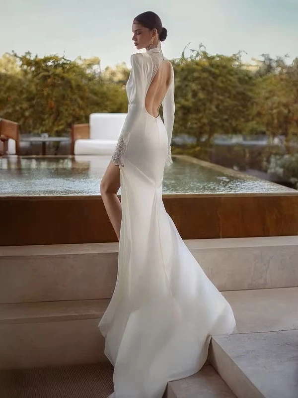SoDigne Mermaid Wedding Dresses High Neck Full Sleeves Satin/Lace Bridal Dress Long Wedding Gown Robe De Mairee Customized 2 SoDigne Mermaid Wedding Dresses High Neck Full Sleeves Satin/Lace Bridal Dress Long Wedding Gown Robe De Mairee Customized - obrazek 2