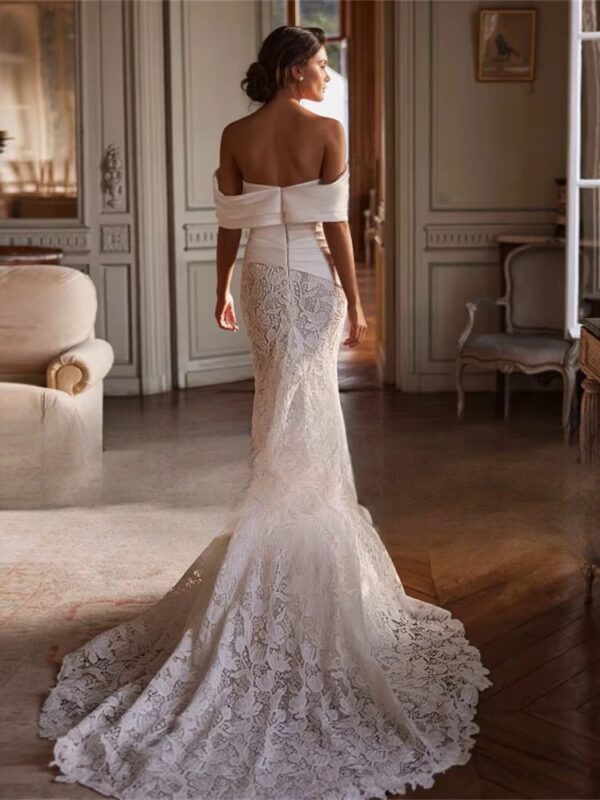 BIGDAY Luxury Lace Mermaid Wedding Dress Women Off The Shoulder Pleat Open Back V-Neck Bridal Gown Vestido De Noiva Customized - obrazek 2