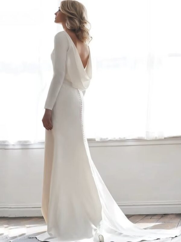 Long Sleeves Mermaid Back Cowl Wedding Dresses O-neck Beach Backless Bridal Party Gown Vestido De Novia Sweep Train Customized - obrazek 3
