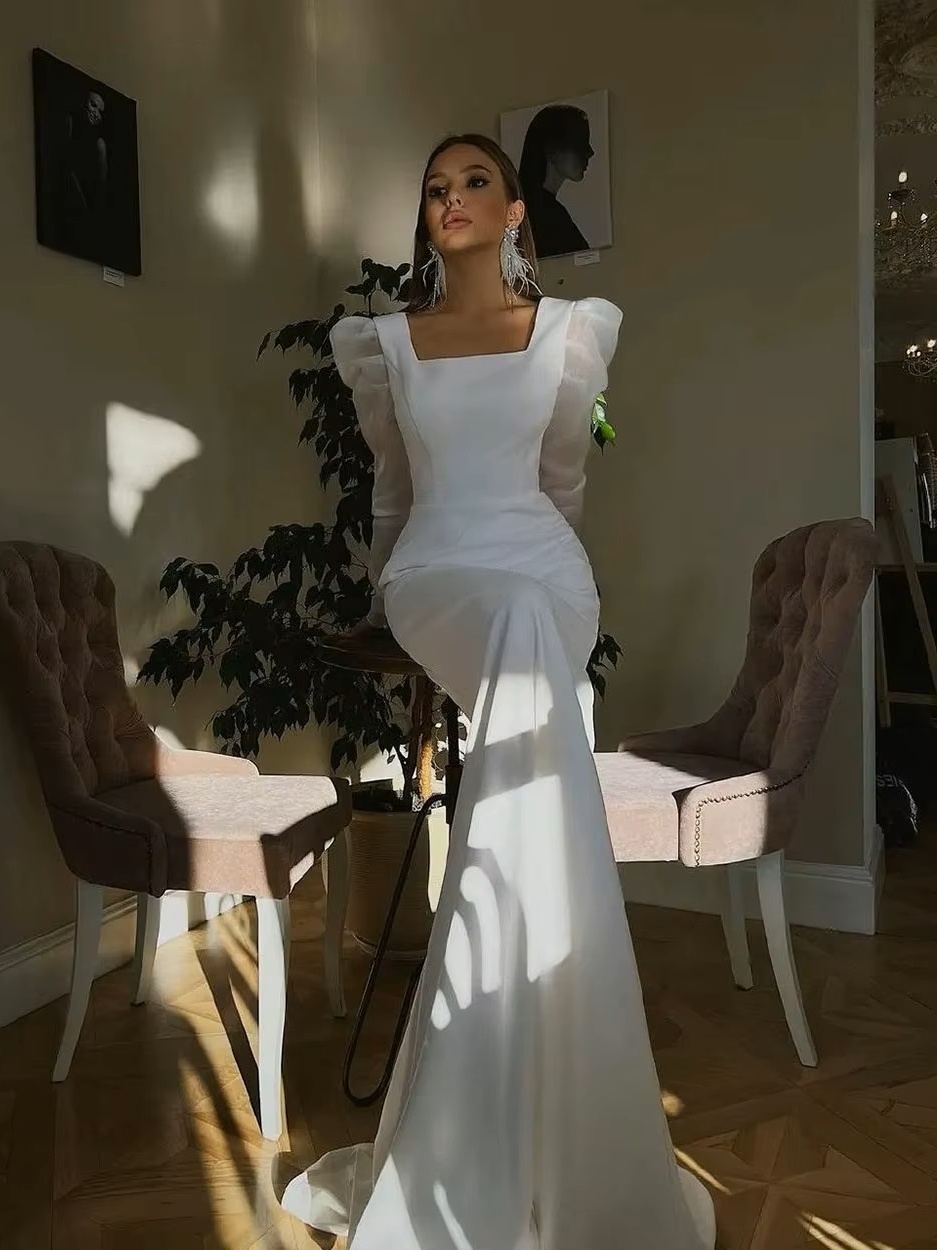 SoDigne Classic Satin Wedding Dresses Mermaid Puff Sleeves Square Neck Bridal Gown With Button Wedding Party Dress 3 SoDigne Classic Satin Wedding Dresses Mermaid Puff Sleeves Square Neck Bridal Gown With Button Wedding Party Dress - obrazek 3