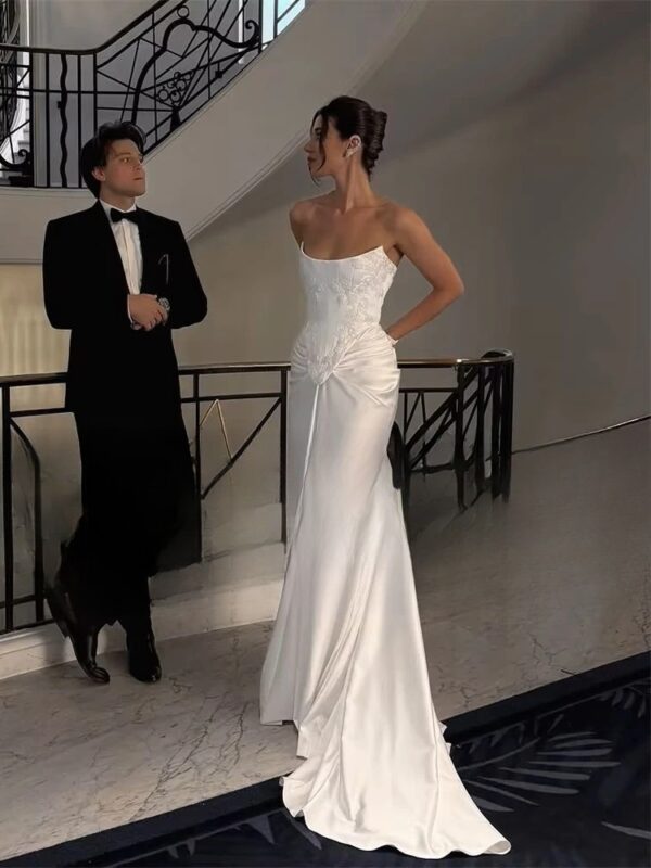 BIGDAY Modern Mermaid Wedding Dress Boat-Neck Lace Appliqued Pleat Open Back Lace-up  Bridal Gown Vestido De Noiva Customized - obrazek 3