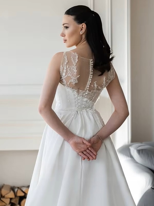 SoDigne A-line Satin Appliques Bride Dresses O-neck Sleeveless Wedding Dress Long Bridal Gowns vestidos de novia Customized 4 SoDigne A-line Satin Appliques Bride Dresses O-neck Sleeveless Wedding Dress Long Bridal Gowns vestidos de novia Customized - obrazek 4