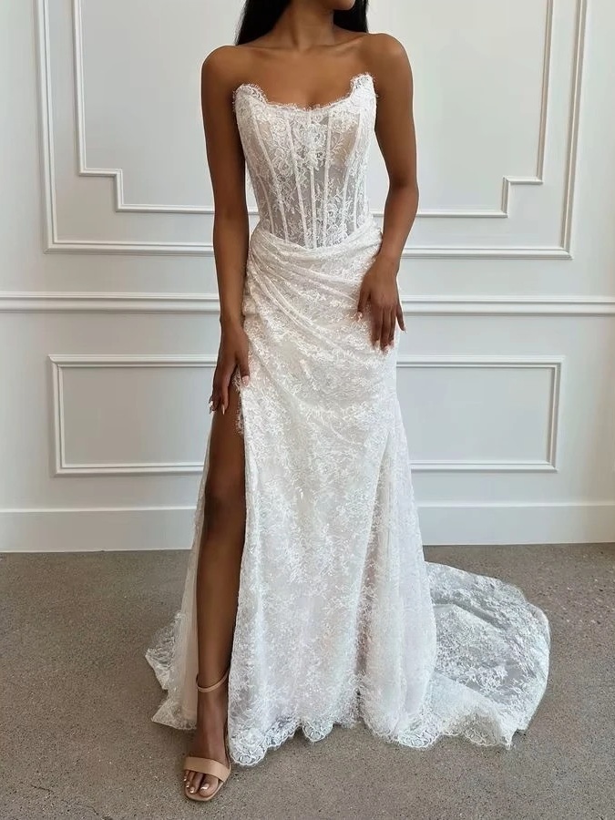 SoDigne Mermaid Lace Wedding Dresses Strapless Sleeveless Bridal Dress Customized Women Split Long Wedding Gown 2 SoDigne Mermaid Lace Wedding Dresses Strapless Sleeveless Bridal Dress Customized Women Split Long Wedding Gown - obrazek 2