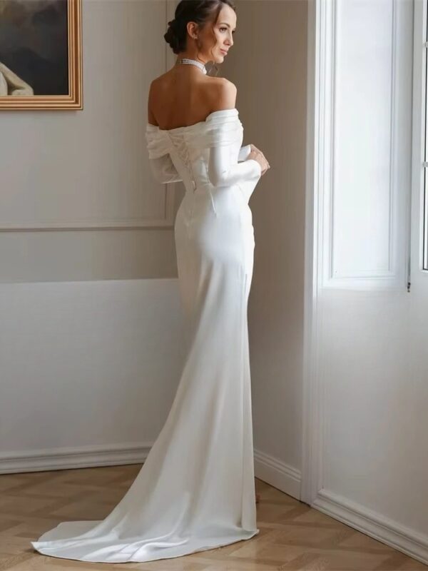 Modern Long Sleeve Mermaid Wedding Dresses Satin Pleat Off The Shoulder High Side Split Bridal Gown Vestido De Noiva Customized - obrazek 2