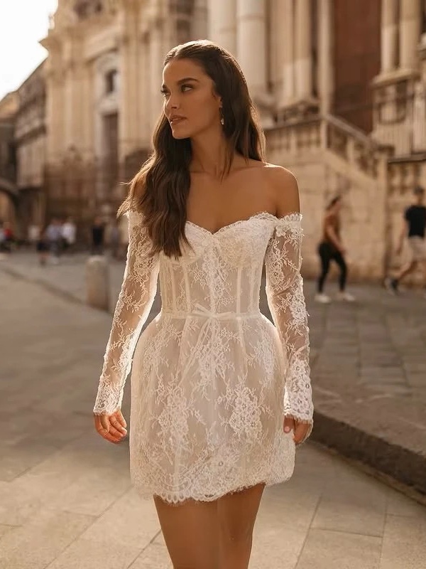 SoDigne Mermaid Lace Short Wedding Dresses Off Shoulder Beach Bridal Dress Mini Wedding Gown Robe De Mairee Customized  2 SoDigne Mermaid Lace Short Wedding Dresses Off Shoulder Beach Bridal Dress Mini Wedding Gown Robe De Mairee Customized  - obrazek 2