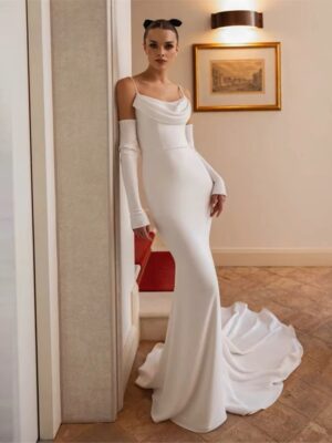 BIGDAY Modern Mermaid Wedding Dress Women Spaghetti Straps Open Back Pleat Boat-Neck Bridal Gown Vestido De Noiva Customized
